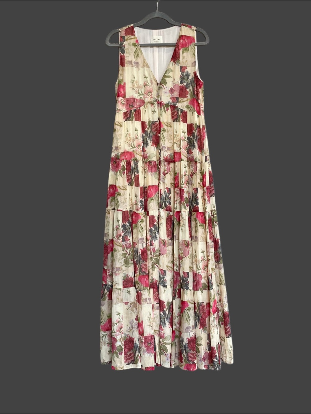 SEZANE Cream Red Rose Floral Patchwork Sleeveless Flowy Silk Alameda Maxi Dress - Picture 6 of 16